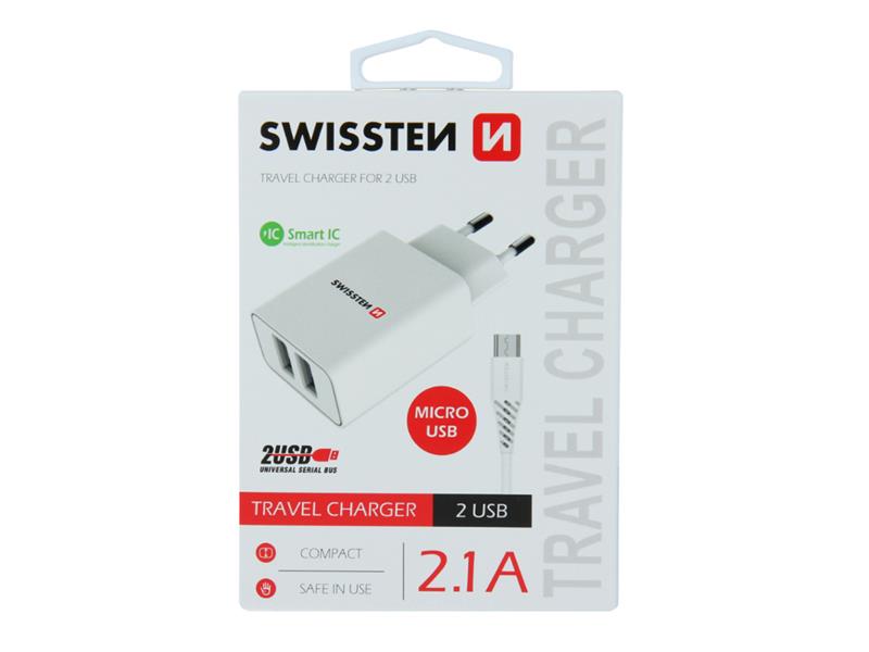 Obrázok Swissten 2x USB 2,1 A + Micro USB kabel 1,2 m (22051000) biela