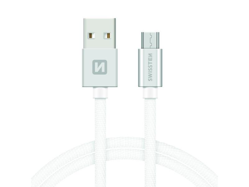 Obrázok Micro USB Kábel Swissten opletený, Quick charge, 3A, 1.2m - bielo-strieborný