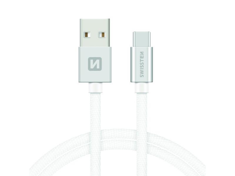 Obrázok USB-C Kábel Swissten opletený, Quick charge, 3A, 1,2m - strieborno-biely